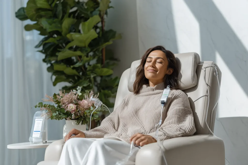 Patient relaxing during IV hydration therapy session