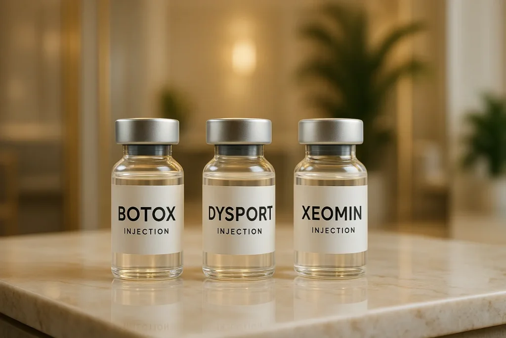Botox, Dysport, and Xeomin vials on marble counter in luxury med spa, Medicus Aesthetics, Jupiter FL cosmetic injectables clinic.