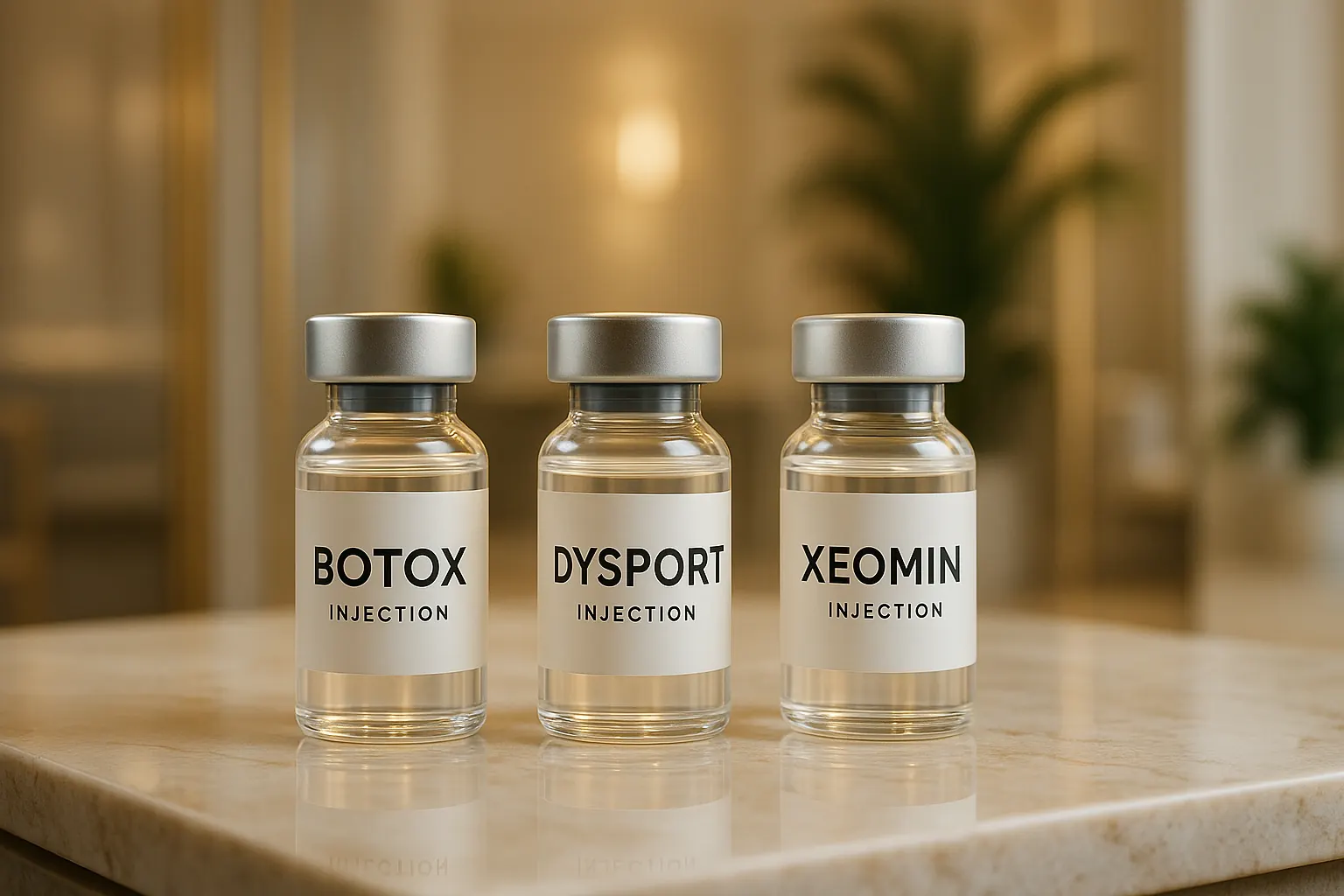 Botox, Dysport, and Xeomin vials on marble counter in luxury med spa, Medicus Aesthetics, Jupiter FL cosmetic injectables clinic.