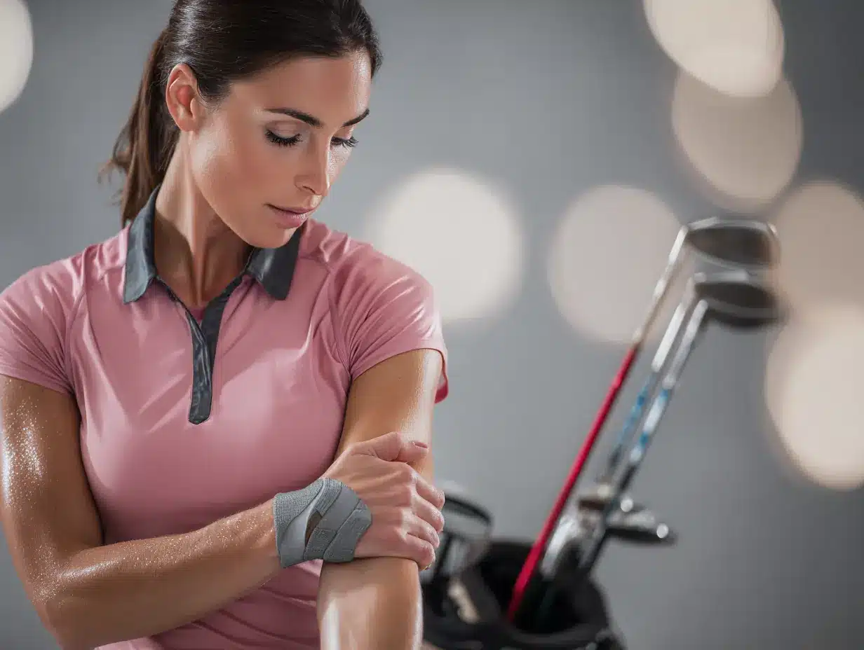 Female golfer with elbow discomfort considering shockwave therapy in Jupiter FL