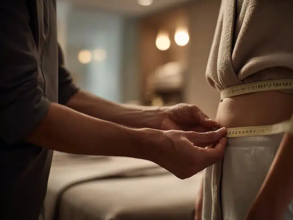 Clinician measuring a patient’s waist during a personalized weight loss assessment in Jupiter, Florida