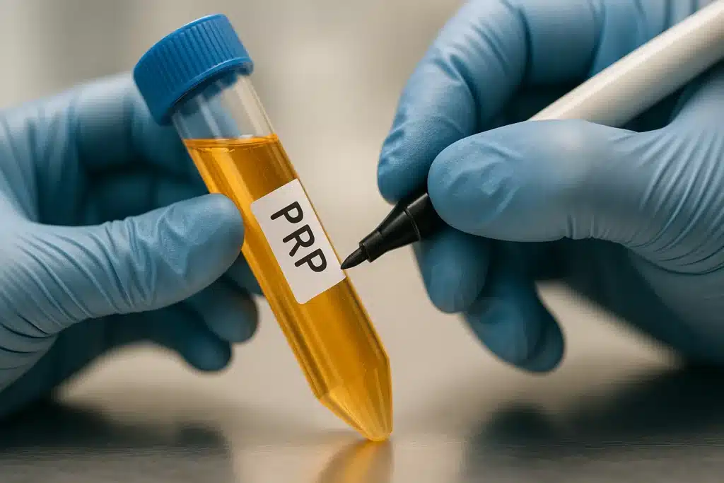 Gloved clinician labeling a vial of golden platelet rich plasma (PRP) during preparation for a Vampire Facial at Medicus Aesthetics in Jupiter, FL.