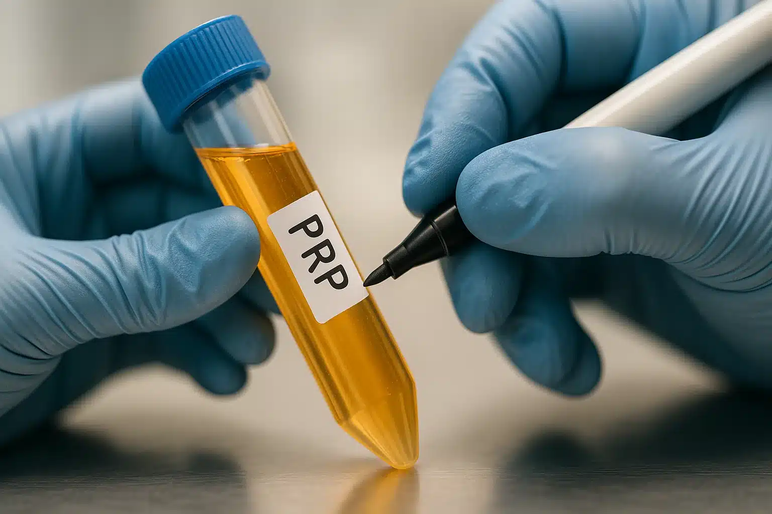 Gloved clinician labeling a vial of golden platelet rich plasma (PRP) during preparation for a Vampire Facial at Medicus Aesthetics in Jupiter, FL.
