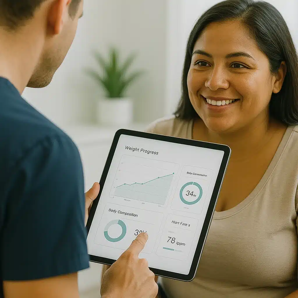 Close-up of a person reviewing simple metrics on a tablet during a wellness visit.