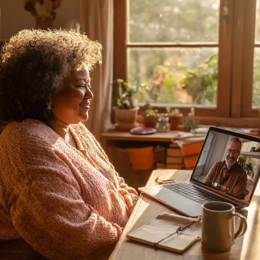 Person on a video call at home, representing ongoing follow-up support.